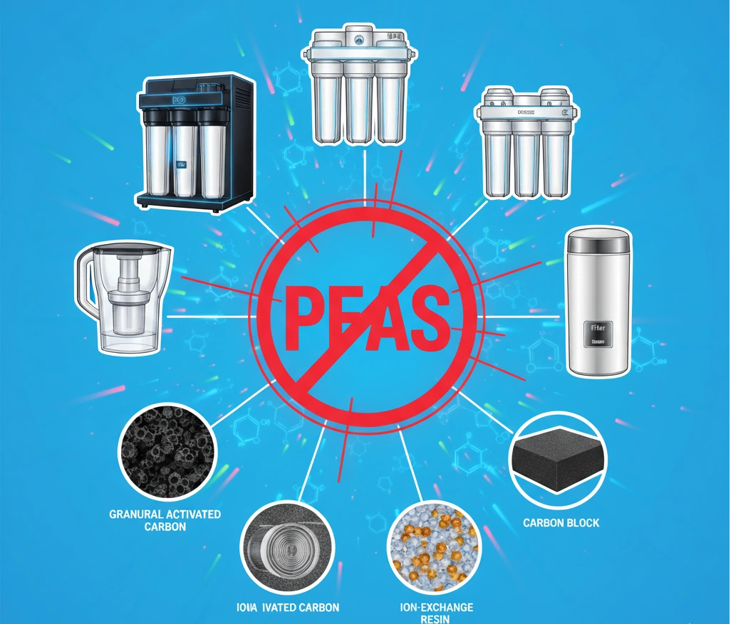 An infographic focusing on PFAS water filtration solutions. The image contrasts the toxic PFAS chemical (highlighted in red) with different water purification methods, including RO system, activated carbon, and ion exchange resin to emphasize clean water technology.