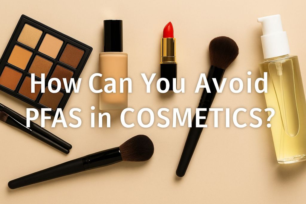 Flat-lay of cosmetic products such as foundation, lipstick, and eyeshadow with subtle chemical patterns, showing how to avoid PFAS in cosmetic