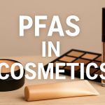 Flat-lay of cosmetic products such as foundation, lipstick, and eyeshadow with subtle chemical patterns, illustrating PFAS chemicals in cosmetics.