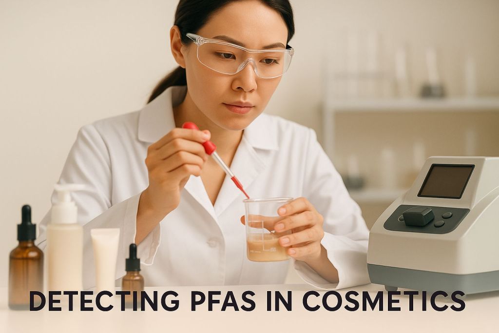 Laboratory researcher analyzing cosmetic samples for fluorinated compounds using modern instruments, symbolizing PFAS detection studies.