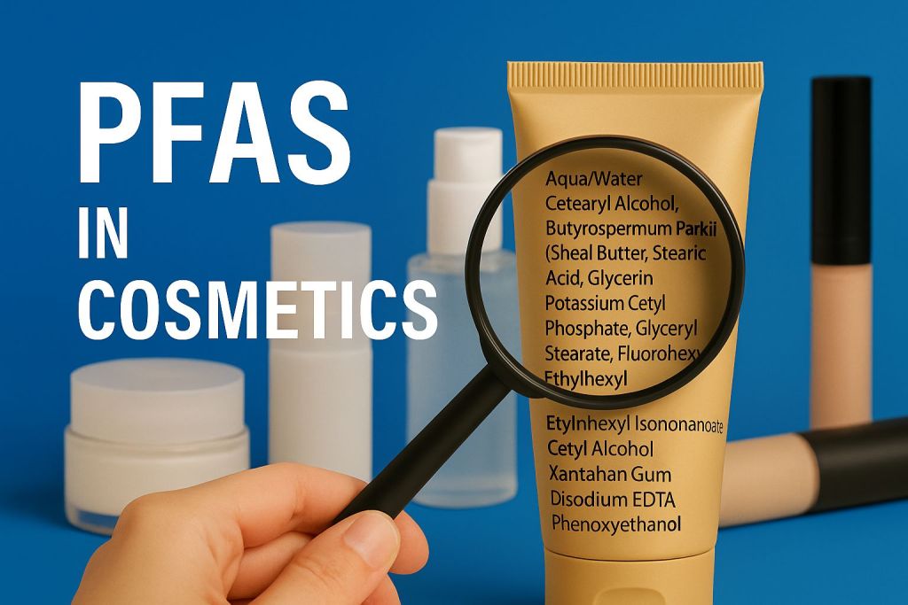 Close-up of cosmetic ingredient label showing words like “Perfluorononyl Dimethicone,” representing fluorinated PFAS compounds in beauty products
