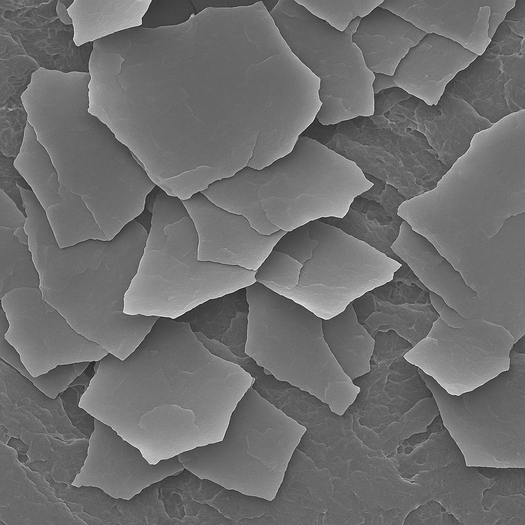 Scanning electron microscope (SEM) image of a graphene oxide film, showing its layered flake-like morphology and nanoscale thickness, highlighting the high surface area and tunable interlayer spacing of graphene oxide sheets.