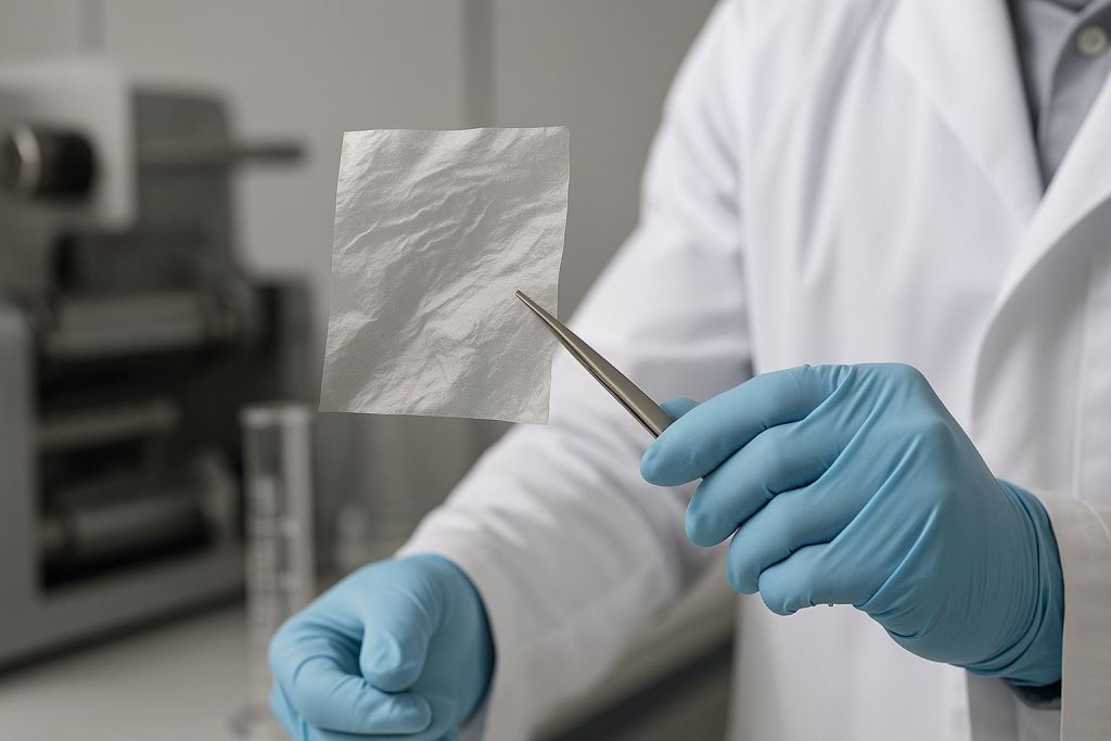 A scientist wearing gloves holds a semi-transparent graphene oxide film with tweezers, demonstrating its flexibility and uniform surface, representing its potential in advanced materials and membrane separation technologies.