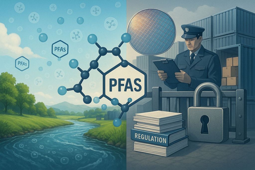 呈現 PFAS 從環境污染（水、土）的角度，逐漸演變成影響全球貿易和供應鏈的法規壁壘，強調其「堅韌」特性與「難分解」的矛盾。