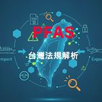 結合台灣地圖、PFAS 化學品的象徵、進出口貿易元素、以及法規管制的視覺符號，快速傳達文章關於 PFAS 在台灣的複雜性、挑戰與政府管理。