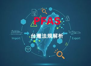 結合台灣地圖、PFAS 化學品的象徵、進出口貿易元素、以及法規管制的視覺符號，快速傳達文章關於 PFAS 在台灣的複雜性、挑戰與政府管理。